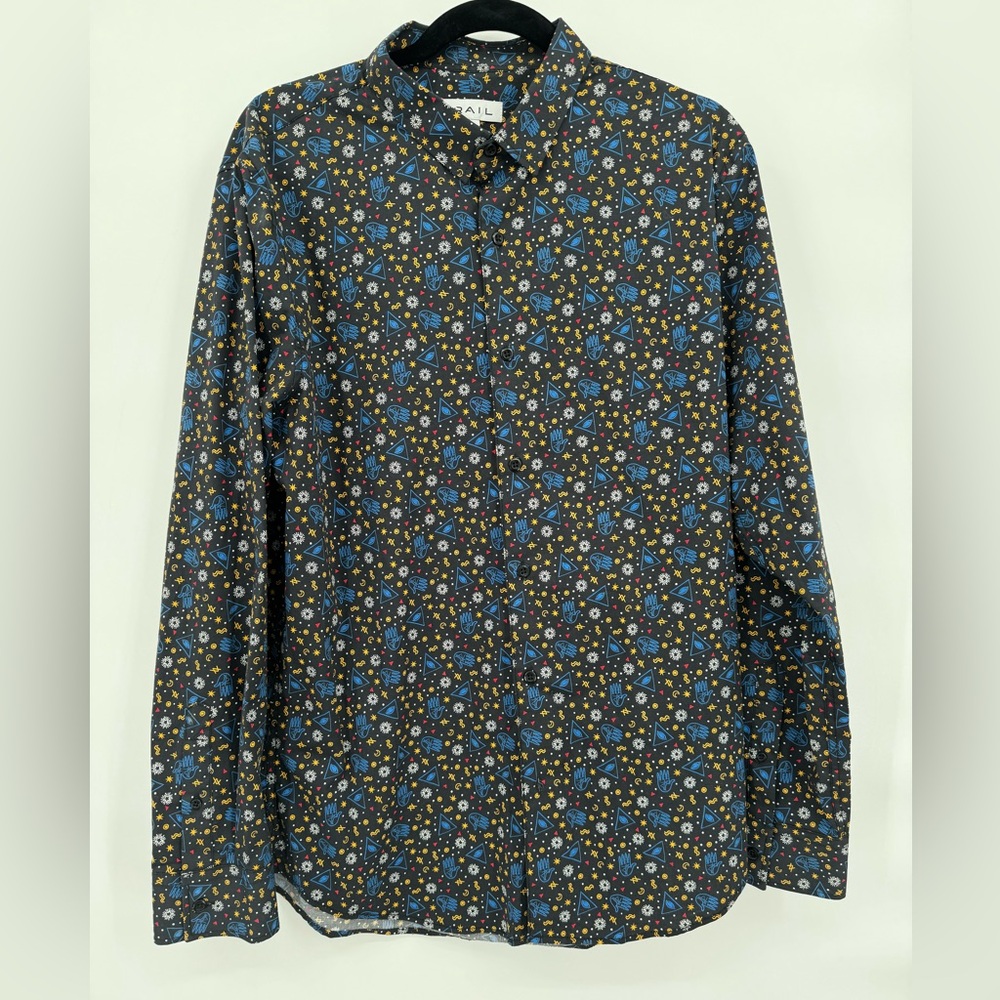 The Rail Men’s Button Up Abstract The Evil Eye Black Shirt Size Large EUC Black